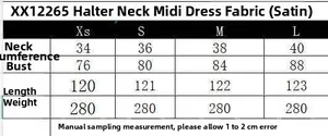 Size chart for the halter neck satin midi dress with measurements from XS to L