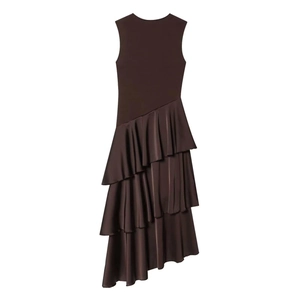 Elegant dark coffee sleeveless satin dress with layered asymmetrical ruffled skirt hemline