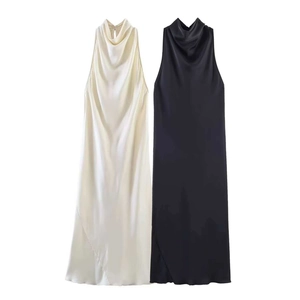 Elegant Halter Neck Satin Midi Dress For Women Sexy Cowl Neck Backless Sleeveless Solid Color Summer Party Evening Dress