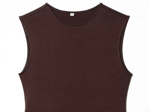 Detail shot of a dark brown satin sleeveless dress neckline with size S tag