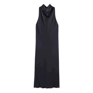 Elegant black silk satin halter neck cowl neck maxi dress with a sleek silhouette