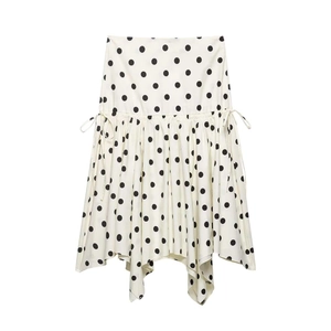 Polka dot midi skirt in cream white with side drawstring and asymmetrical hemline