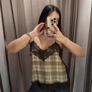 Canotta Vintage a Quadri Con Bordo in Pizzo per Donna Retro Slim Fit Spalline Sottili Scollo a V Senza Maniche Top Estivo Casual