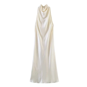 Elegant sleeveless cream satin dress with halter cowl neck and smooth silky finish