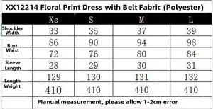 Detailed size guide table for floral print dress with belt in centimeters and grams