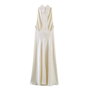 Elegant cream sleeveless halter dress in smooth satin fabric for a minimalist summer look
