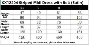 Size chart for striped midi dress with belt including bust and waist measurements