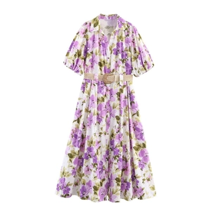 Women Casual Floral Print Midi Dress With Belt Short Puff Sleeve Shirt Collar Elegant Summer Vacation A-Line Dress