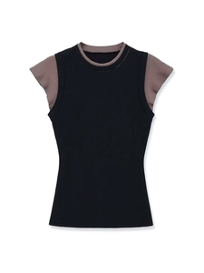 Detailed flat lay of brown and black contrast layered ribbed knit short sleeve top