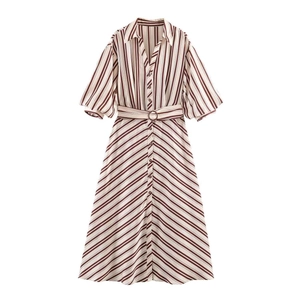 Women Elegant Striped Midi Dress With Belt Vintage Button Down Shirt Collar Half Bubble Sleeve Polyester Satin Dress