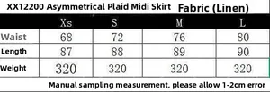 Size chart table for asymmetric plaid linen midi skirt showing waist and length data