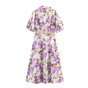 Women's floral shirt dress with purple prints and khaki woven belt on white background