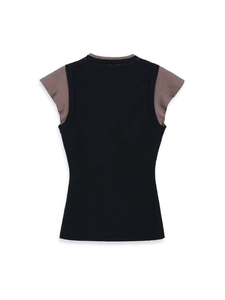 Rear view of the retro contrast color ribbed knit vest with cap sleeves for women