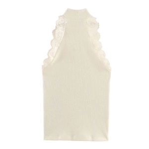 Elegant beige high-neck ribbed knit tank top for women with delicate lace trim detailing