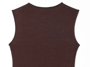 Detail of dark brown sleeveless top featuring round neckline and premium knit texture