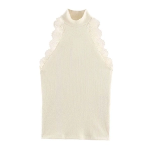 Women Slim Fit Ribbed Knit Tank Top Half High Neck Sleeveless Elegant Lace Splicing Pullover Summer Vest Top For Women