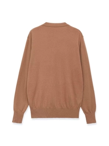 Rear view of a caramel brown long-sleeve knit top featuring classic ribbed cuffs and hem