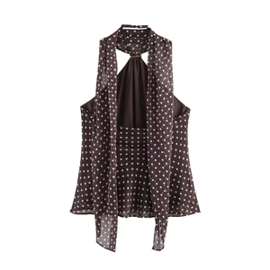 Polka dot halter top in dark brown with gold metal clasp and elegant neck tie