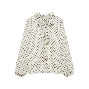 Elegante weiße Polka-Dot-Langarmbluse mit großer Schluppe und stilvollen Laternenärmeln