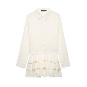 Elegant Women Off White Shirt Dress Long Sleeve Crinkled Tiered Ruffle Hem Lace Trim Casual Minimalist Midi Dress