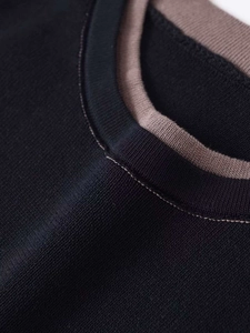 Macro detail of fine knit texture and contrasting brown layered neckline of the sweater
