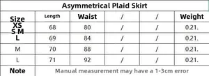 Size chart for casual plaid asymmetric skirt showing measurements in XS, S, M, L
