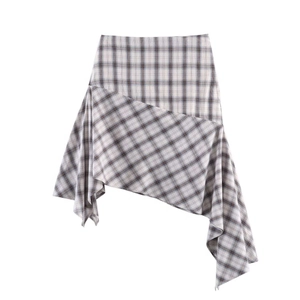 Women's Casual Plaid Asymmetric Mini Skirt High Waist Ruffle Hem Elegant Polyester Commuter Fashion Apparel Everyday Wear