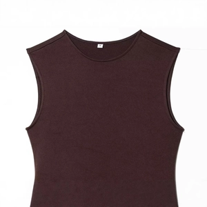 Elegant sleeveless dark brown satin dress with a clean neckline and minimalist finish
