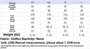 Detailed size chart for floral chiffon blouse showing measurements from XS to L
