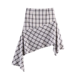 Minimalist high-waisted asymmetric plaid skirt for women in beige and grey checks
