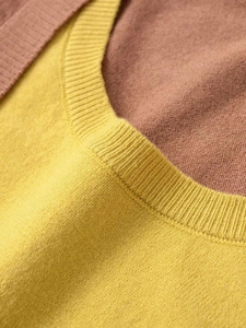 Macro shot of ribbed crew neck and fine knit texture on yellow and tan sweater