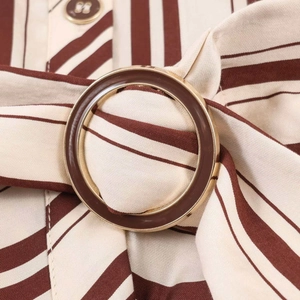 Elegant striped midi dress with belt buckle and metallic buttons detail overview