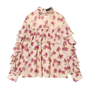 Women Vintage Floral Print Ruffle Chiffon Blouse High Neck Layered Long Flare Sleeve Elegant Rose Pattern Casual Pullover Top