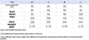 Detailed size chart for lace mini dress showing bust, waist and length in cm