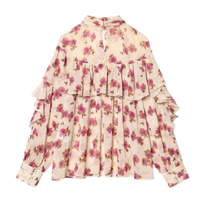 Elegant floral chiffon blouse with ruffled layers and rose print on a cream base