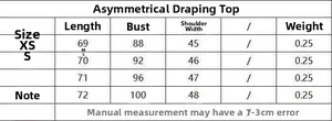 Size chart for high neck asymmetrical knit top showing length, bust, and shoulder details