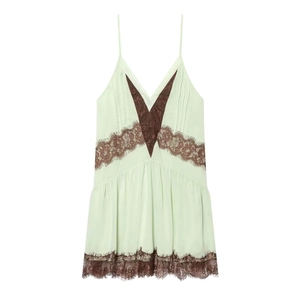 Women Sexy Lace Patchwork Camisole Mini Dress Vintage V-Neck Mint Green Contrast Brown Lace Spaghetti Strap Party Dress