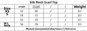 Size chart for slim mesh scarf top with length and bust measurements for XS to L sizes