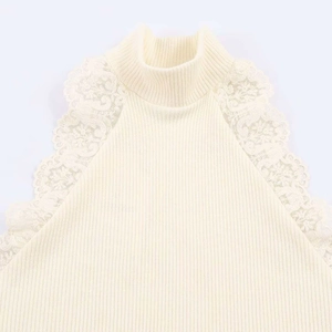 Detail of white rib-knit top featuring delicate lace embroidery on the high neckline
