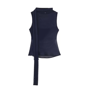 Elegant dark blue sleeveless mesh top with dual-layer design and stylish neck scarf detail
