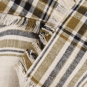 Detailed close-up of asymmetrical plaid fabric with fringed edges and textured weave