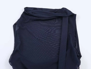 Detailed view of navy blue mesh top showing the pleated scarf neck design and sheer texture