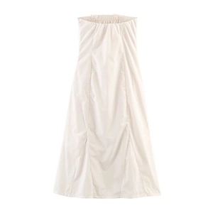 Crème strapless midi-jurk met elastische geplooide halslijn en verticale naden mooi