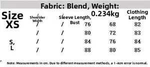 Detailed size chart for women's minimalist midi dress with fabric and weight info