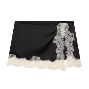 Jupe Courte Droite en Satin Noir Élégante Avec Ourlet en Dentelle de Cils Blanc pour Femmes Jupe de Mode à Taille Haute