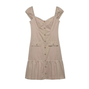 Women's Minimalist Khaki Button Down Midi Dress Sleeveless Square Neck Ruffled Hem Casual Summer Vacation Dress