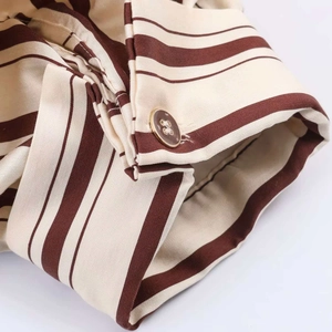 Detailed close-up of striped midi dress cuff with vintage brown and gold button