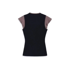 Slim fit ribbed knit top for women featuring brown contrast sleeves and a black vest back