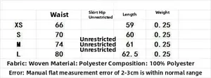 Size chart for asymmetrical polka dot skirt showing waist and length in XS to L sizes