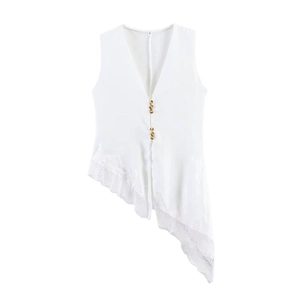 Elegant white V-neck sleeveless vest with gold buttons and asymmetric lace hem detail